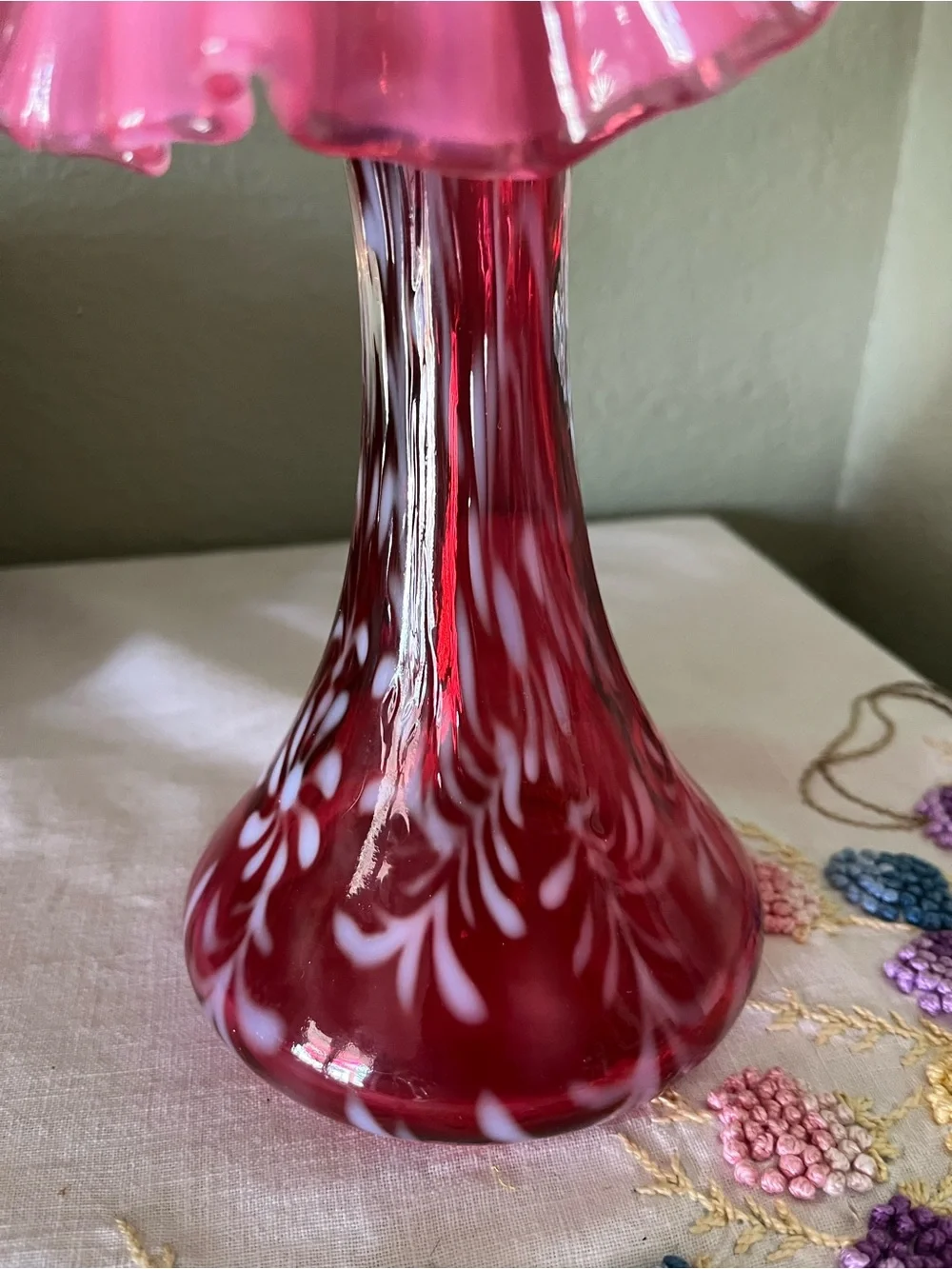 Fenton Cranberry Opalescent Daisy & Fern Jack in the Pulpit Vase